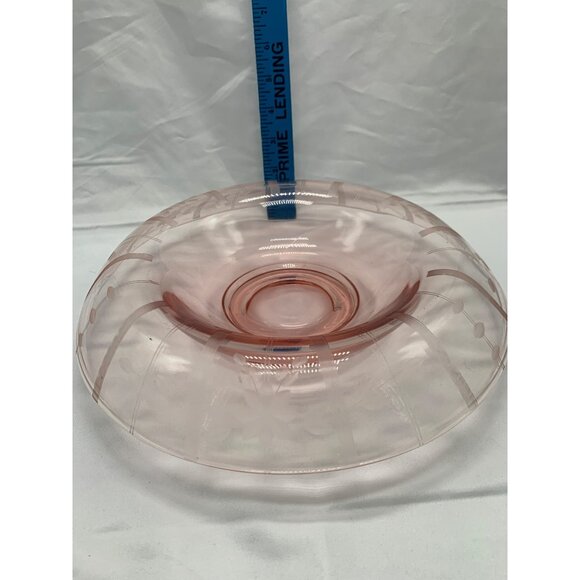 Vtg Pink Depression Glass Console Bowl Rolled Edge Floral Etched Compote - Picture 1 of 6